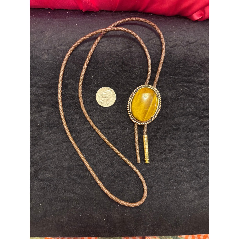 Vintage Western Bolo Tie Gold Tone Oval Tiger Eye Style Stone Braided Brown Cord